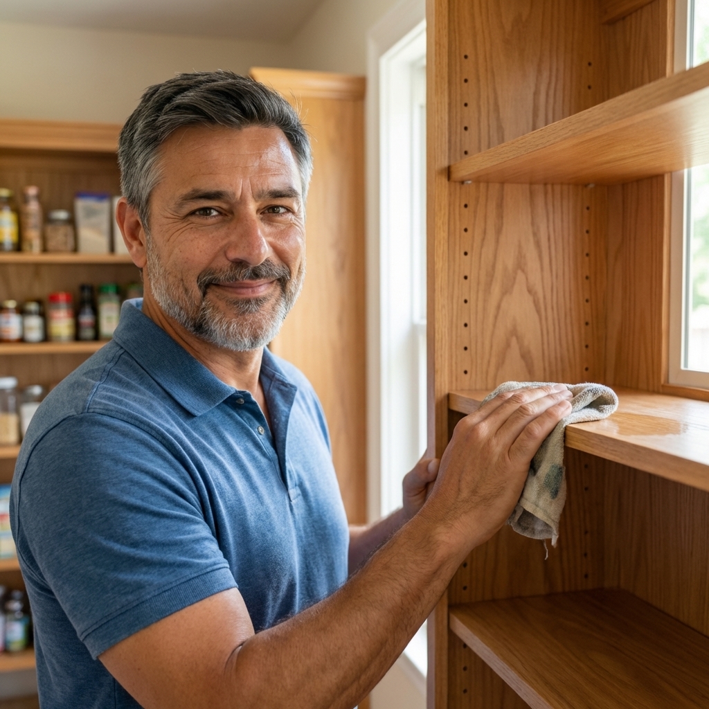 A person wiping down an empty pantry shelf with a damp cloth