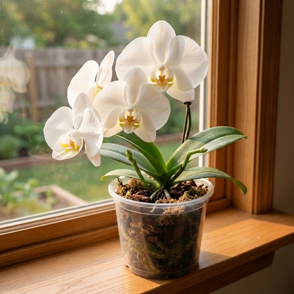 A phalaenopsis orchid with a new flower spike emerging between the leaves on a bright indoor shelf