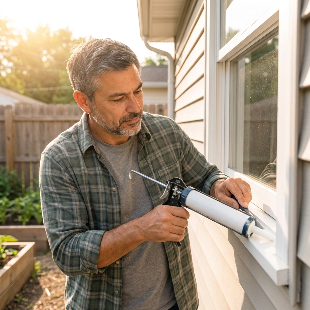 A photo of a homeowner applying exterior caulk along the edge of a window frame on a sunny day
