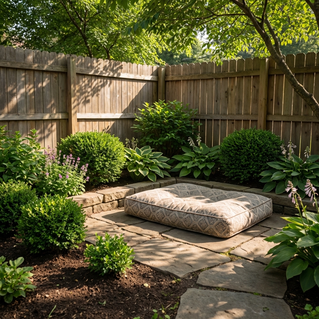A photo of a shaded backyard corner with a dog bed on a patio and nearby plants trimmed back