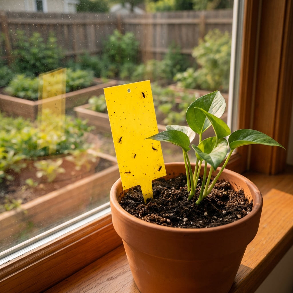 A photo of a yellow sticky trap inserted into the soil of a small indoor houseplant pot on a windowsill
