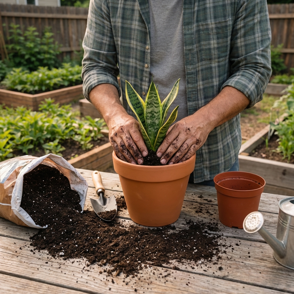 A photo of hands repotting a small houseplant into a terracotta pot with fresh potting mix on a wooden table