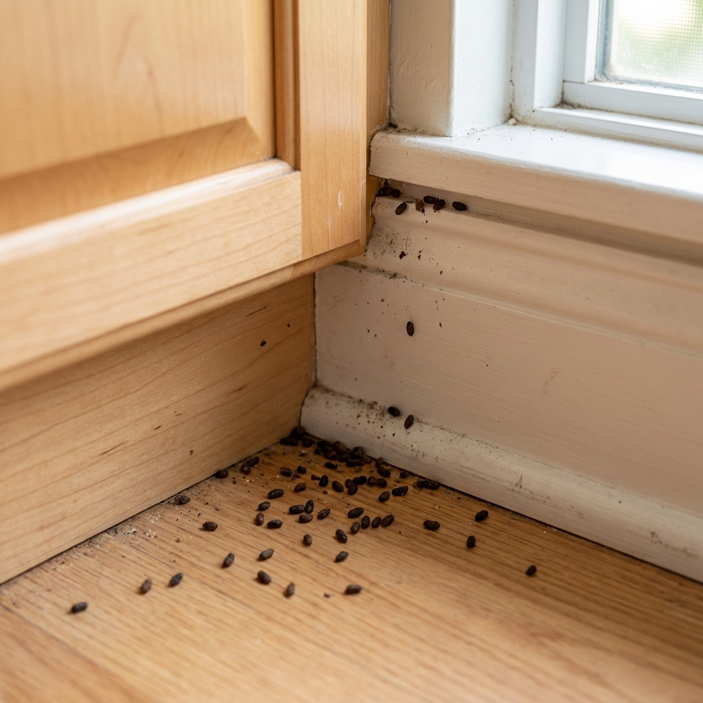 A photo of roach droppings peppered along a cabinet corner near a kitchen baseboard