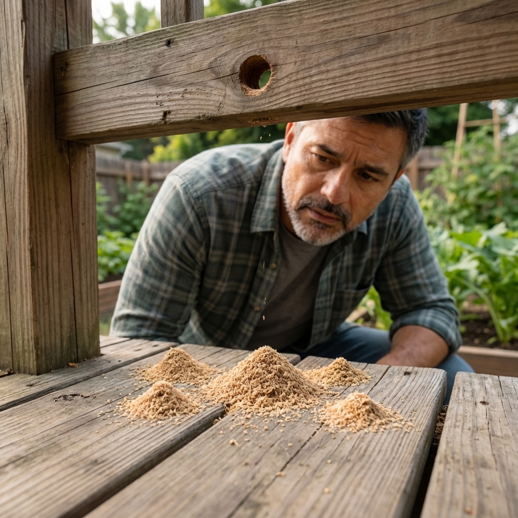 A photo of small piles of sawdust-like frass on a porch floor directly beneath a round hole in a wooden beam