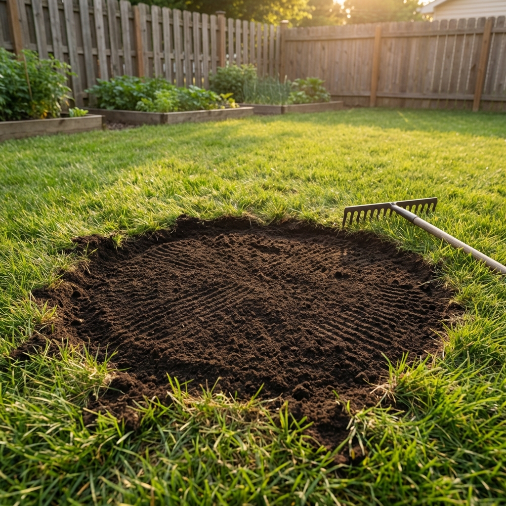 A photograph of a freshly filled stump hole with topsoil raked smooth in a backyard lawn