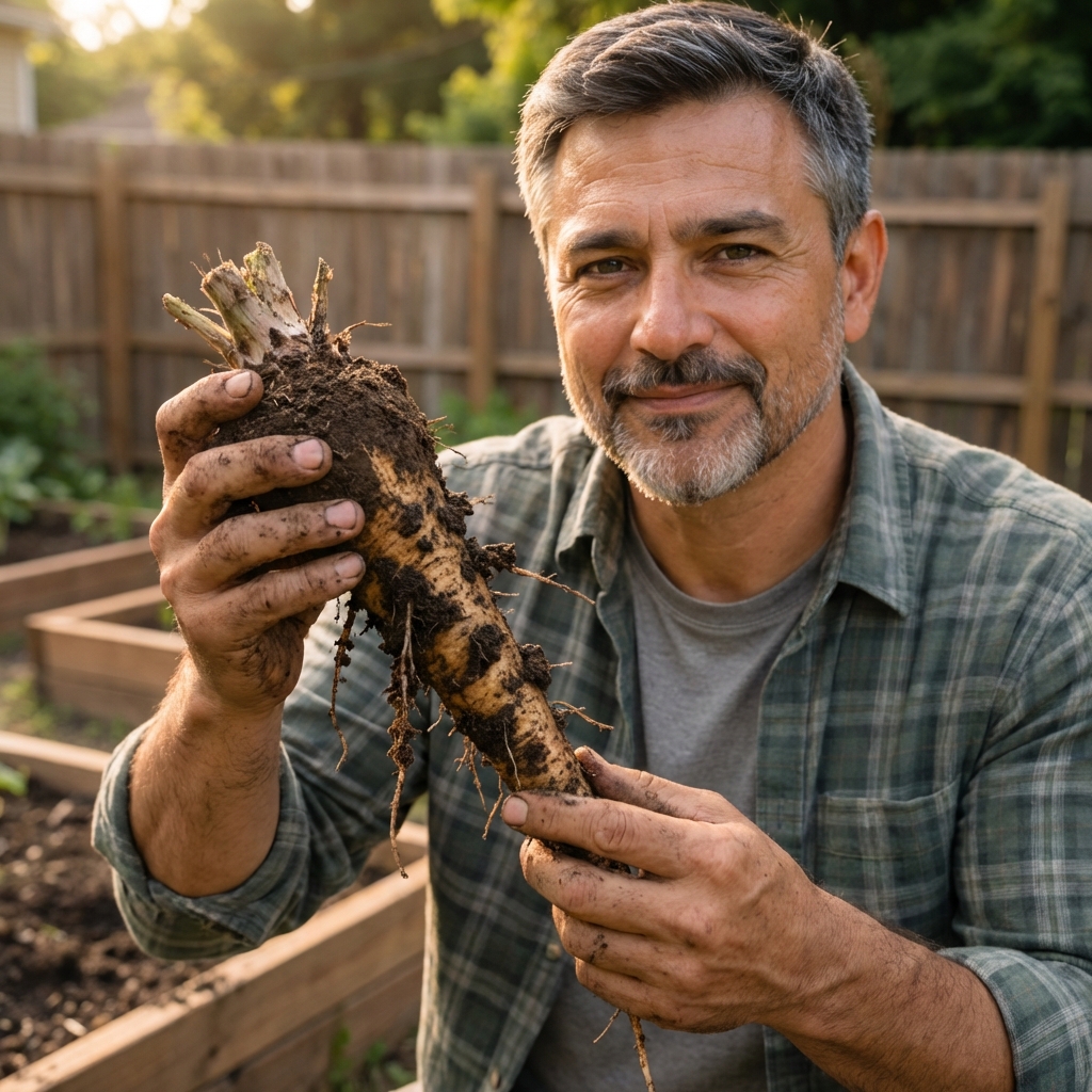 A photograph of a gardener holding a freshly dug thistle root with soil clinging to the taproot