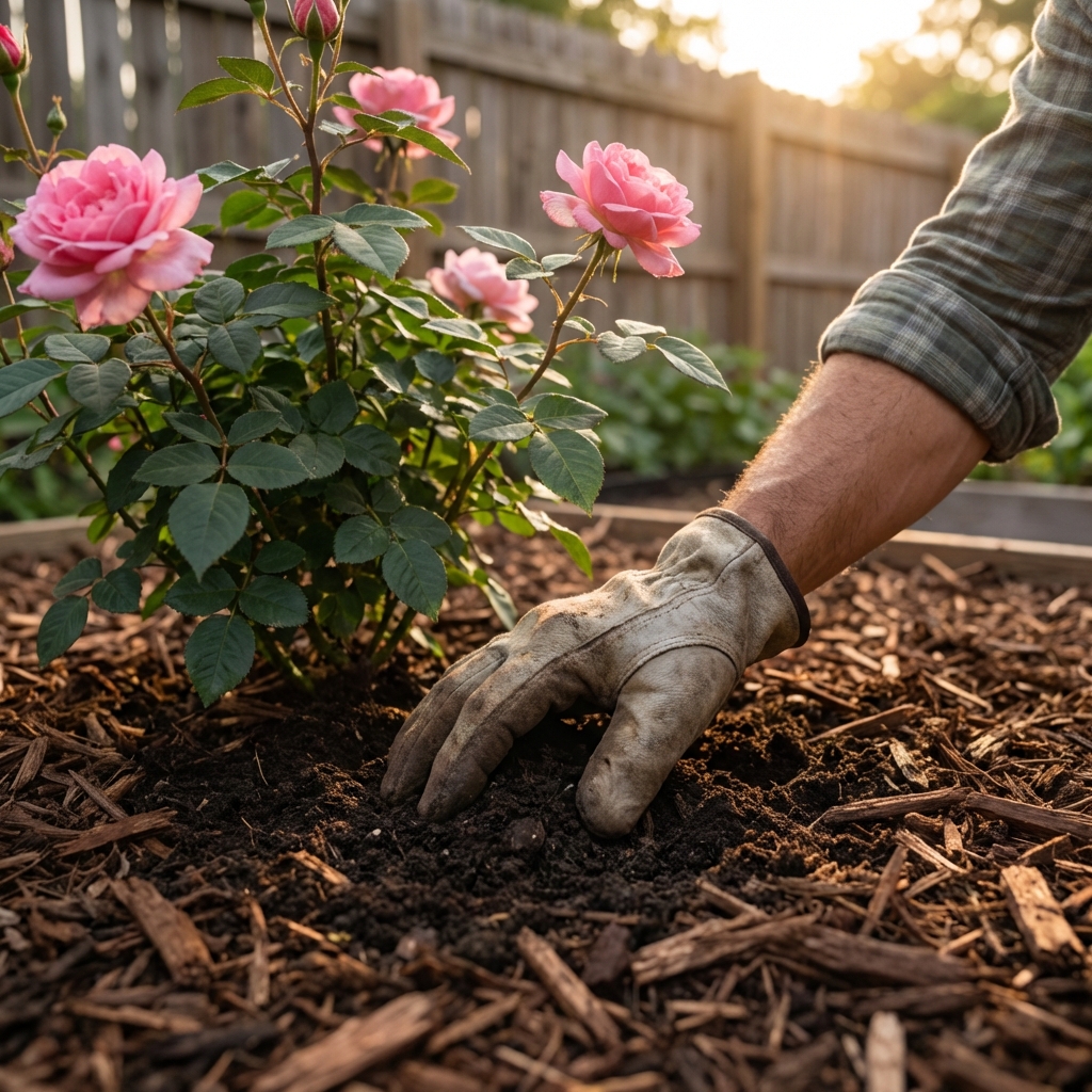 A photograph of a gardener’s hand checking soil moisture at the base of a rose bush in a mulched garden bed