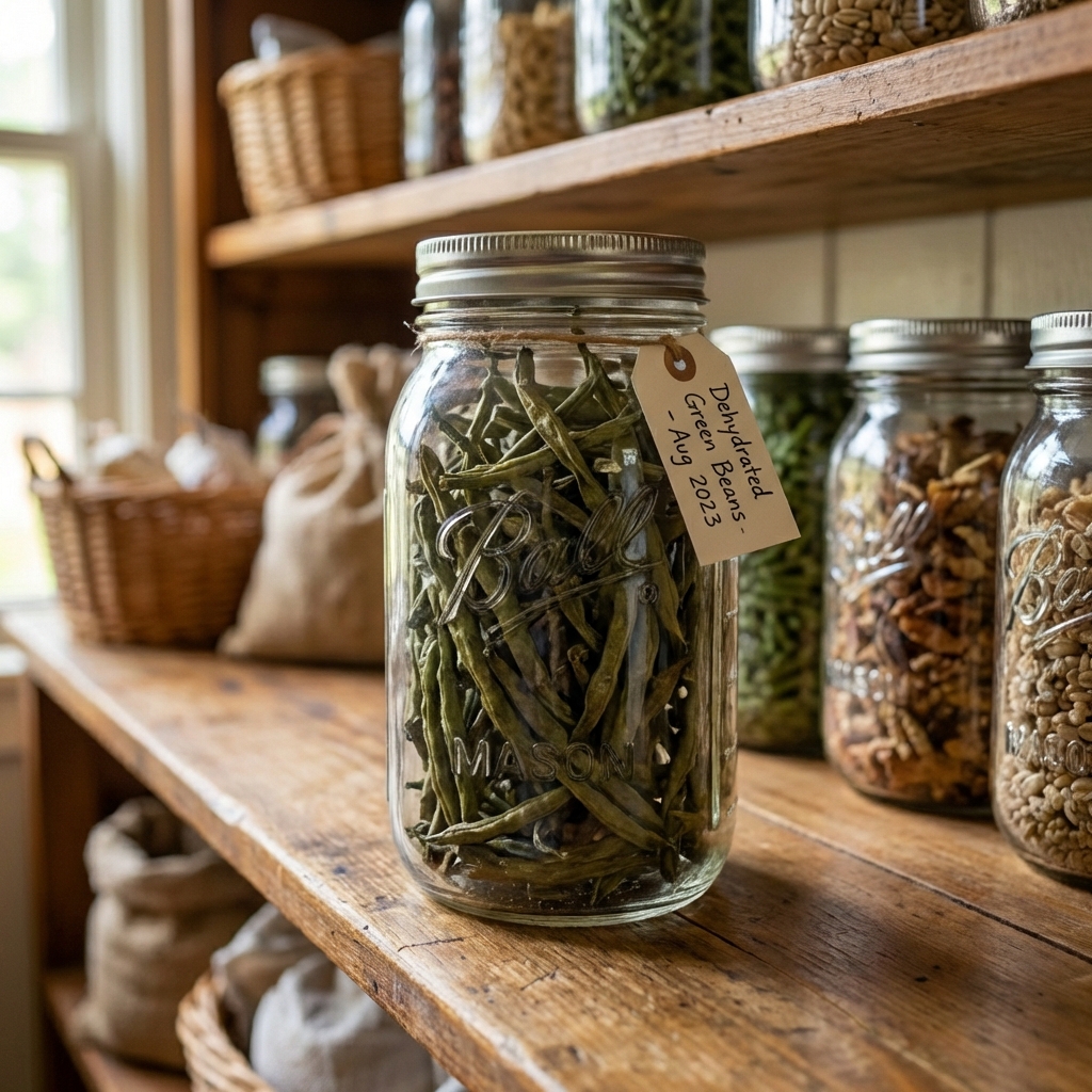 A photograph of a glass jar filled with dehydrated green beans on a pantry shelf