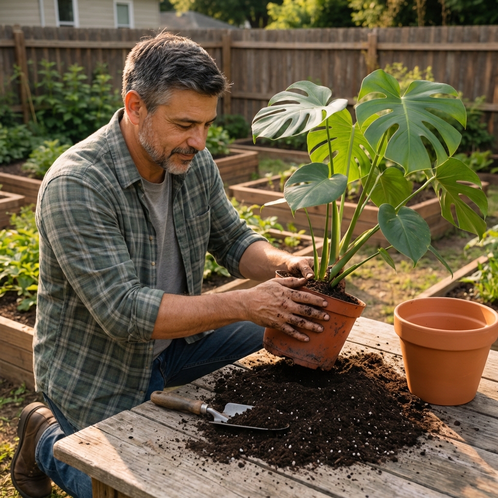 A photograph of a houseplant being repotted on a table with fresh potting mix and a clean pot nearby