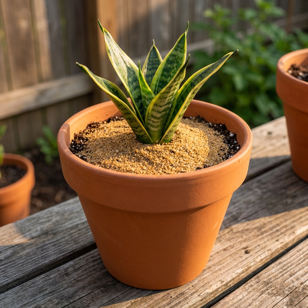 A photograph of a houseplant pot with a thin top layer of coarse sand covering the potting soil