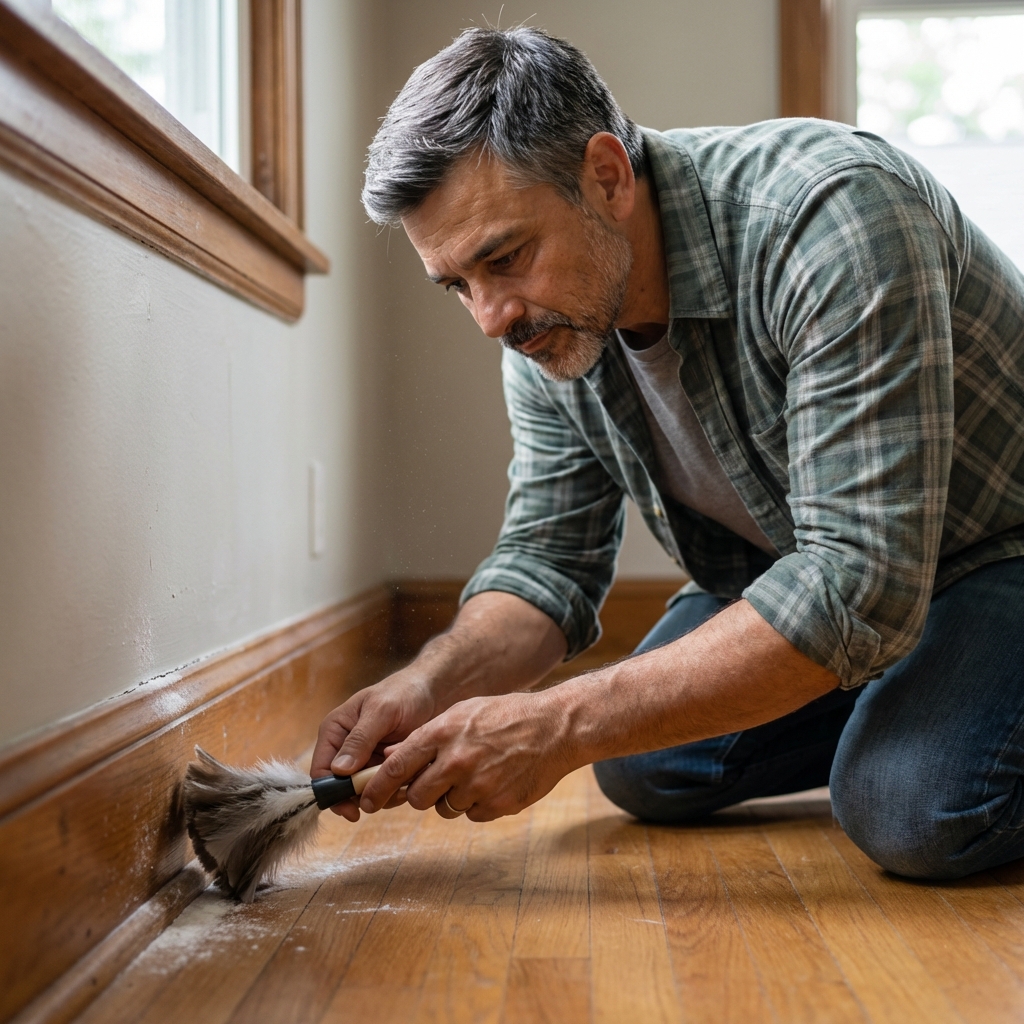 A photograph of a person applying a small amount of desiccant dust along a baseboard crack using a hand duster