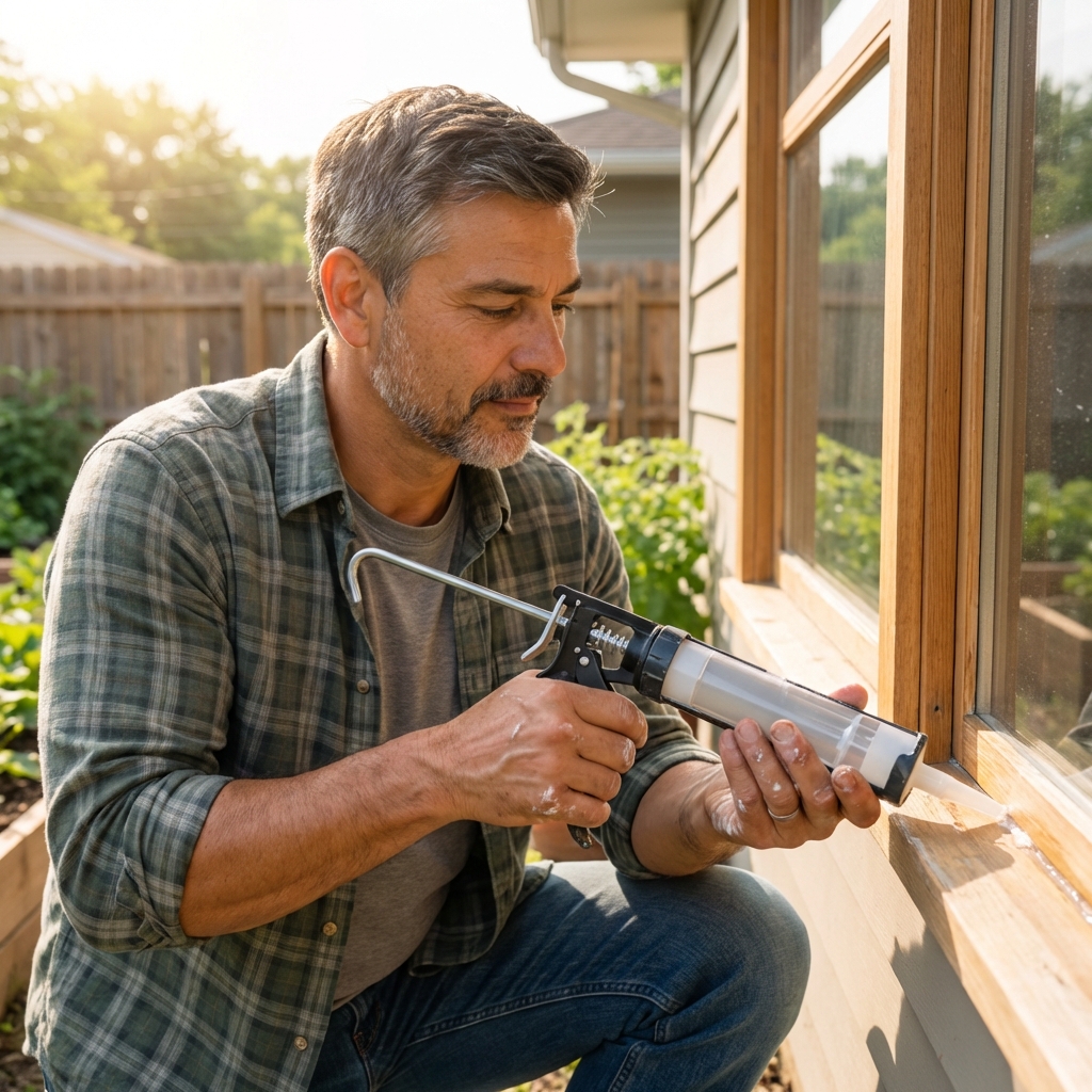 A photograph of a person applying clear exterior caulk along the edge of a window frame on a sunny day