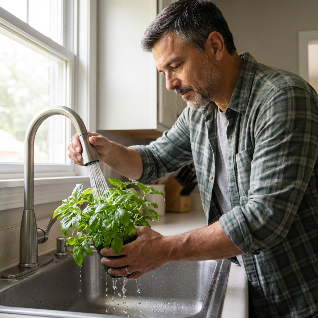 A photograph of a person rinsing a potted plant in a sink with water directed under the leaves