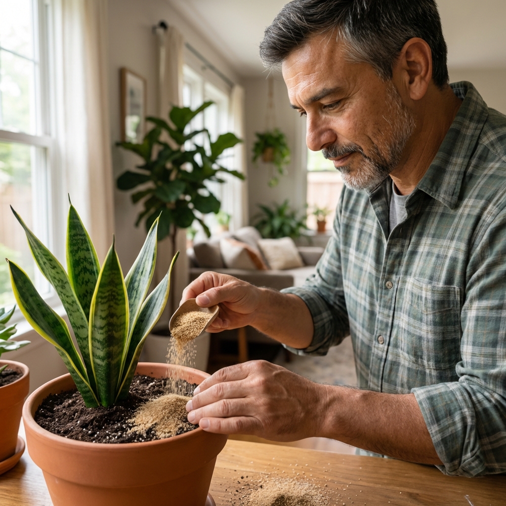 A photograph of a person sprinkling a thin layer of coarse sand over the soil surface of an indoor potted plant