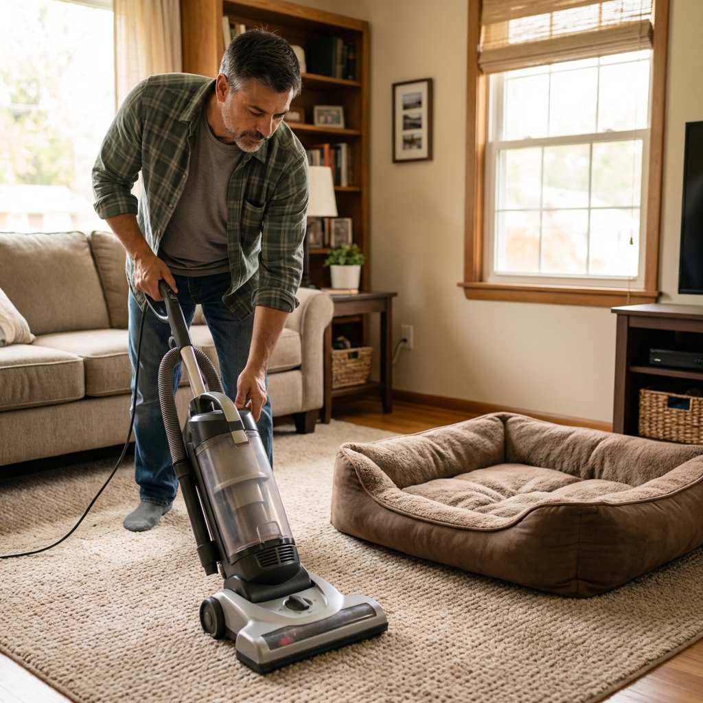 A photograph of a person vacuuming a living room carpet near a dog bed