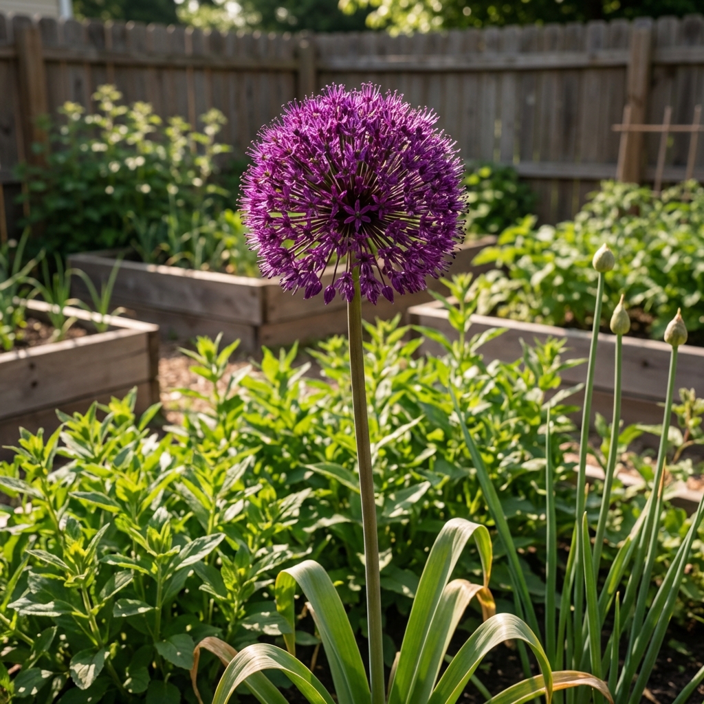 A photograph of a round purple allium bloom towering above green leaves in a garden
