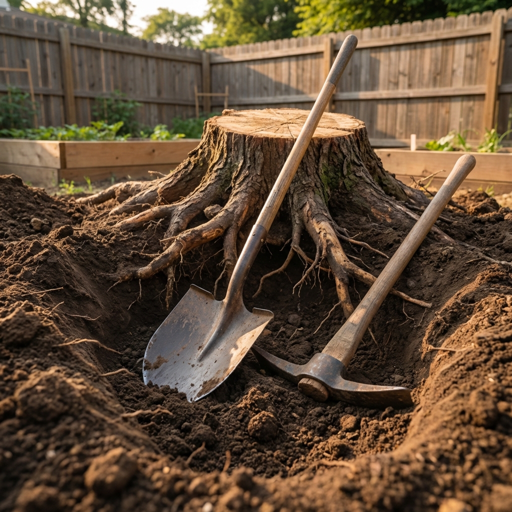 A photograph of a shovel and mattock beside an exposed tree stump with visible roots in a dug trench