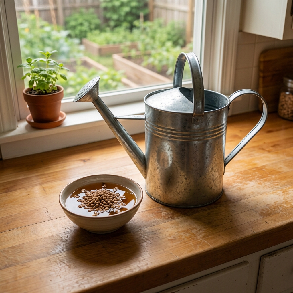 A photograph of a watering can on a kitchen counter next to a small bowl of mosquito bits soaking in water