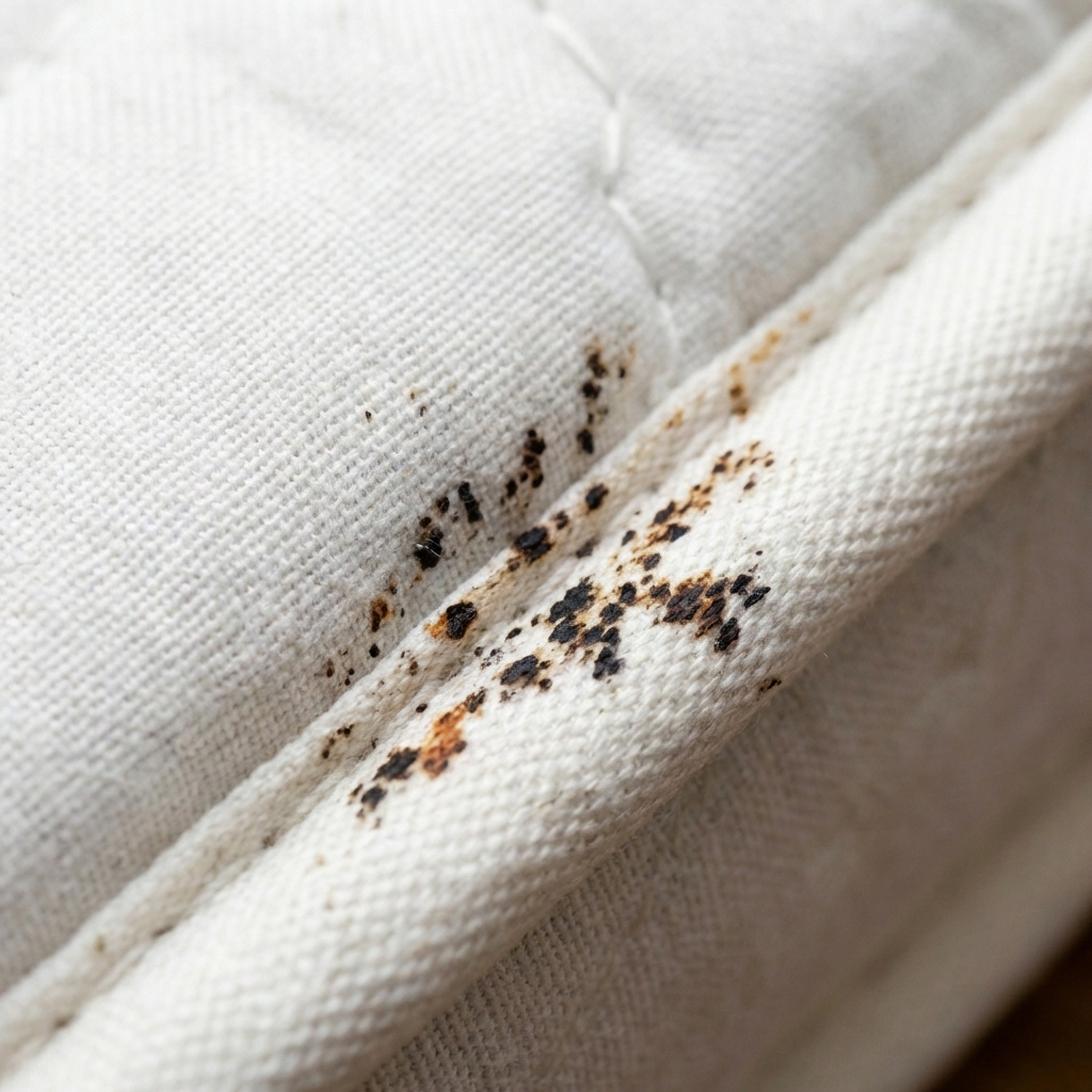 A photograph of black bed bug fecal spots along the stitching of a mattress edge