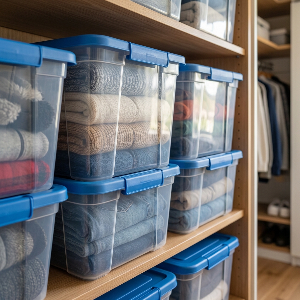 A photograph of clear plastic storage bins with snap-on lids on a closet shelf