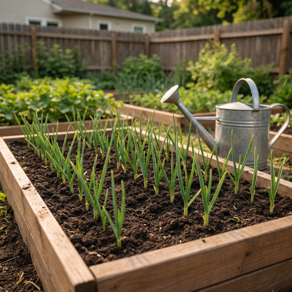 A photograph of garlic cloves planted in neat rows in a garden bed with a watering can nearby
