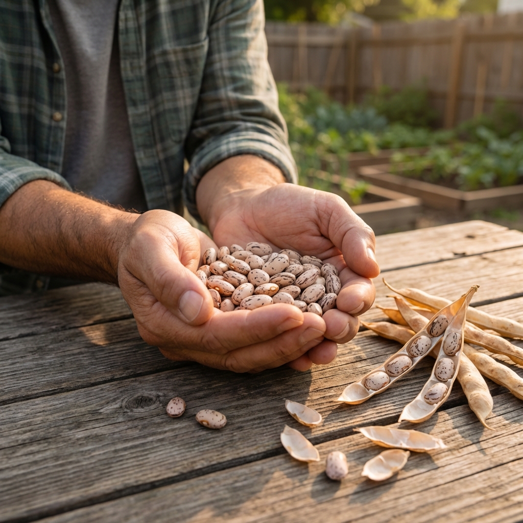 A photograph of hands holding a handful of shelled bean seeds next to dry, split bean pods on a wooden table