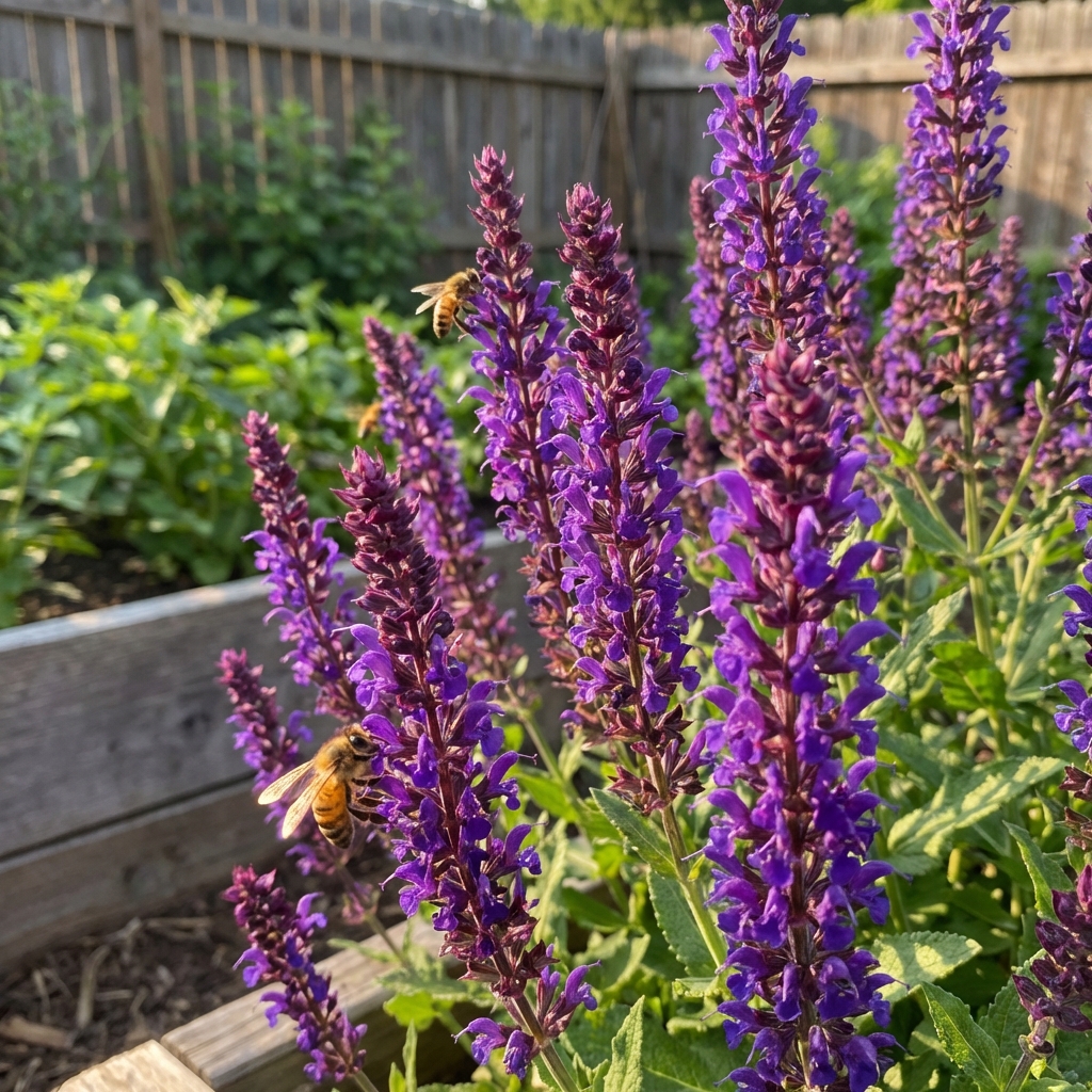 A photograph of purple salvia flower spikes blooming in a sunny garden with bees visiting