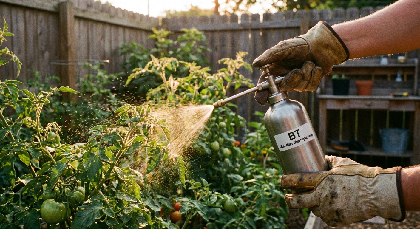 A photorealistic backyard garden scene of a person wearing garden gloves using a hand pump sprayer to apply BT to tomato plant leaves in the evening light, with focus on the sprayer and foliage
