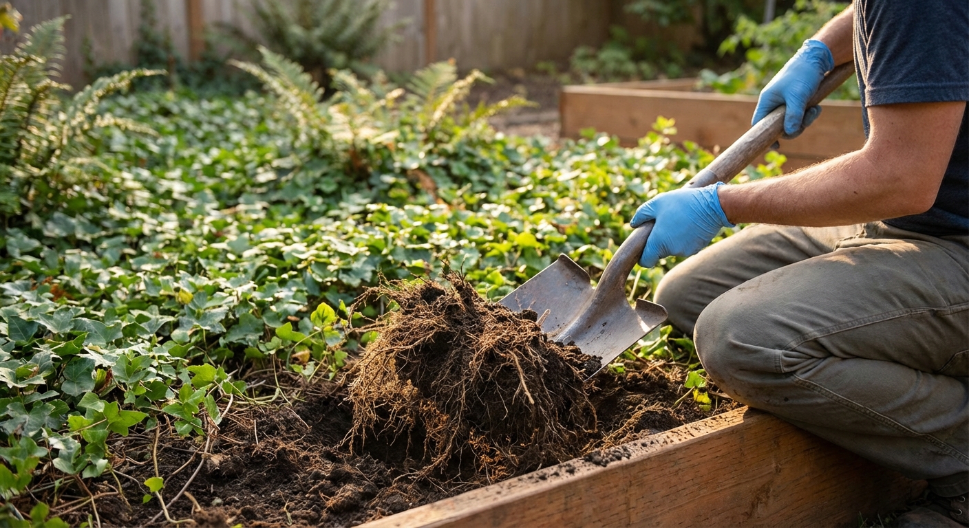 A photorealistic backyard photo of a person wearing nitrile gloves using a shovel to lift a clump of roots and soil near a garden bed edge, with green groundcover in the background