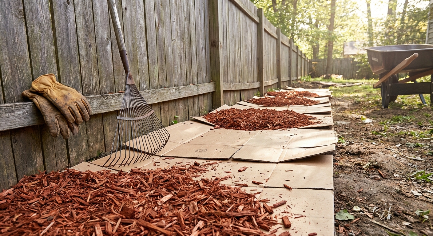 A photorealistic backyard scene showing flattened cardboard laid on the ground and covered with fresh wood mulch along a fence, with gardening gloves and a rake nearby