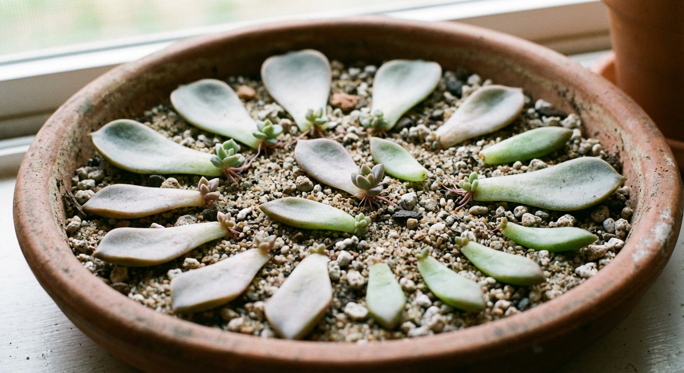 A photorealistic close-up of several succulent leaves laid flat on gritty soil in a shallow pot, with soft bright window light
