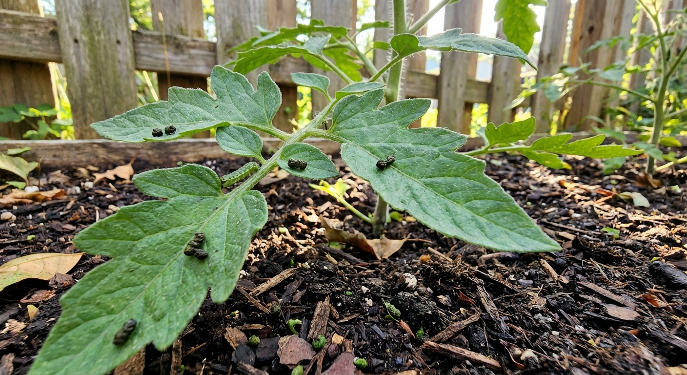 A photorealistic close-up of tomato leaves with small black caterpillar droppings scattered on the foliage and soil beneath, taken in natural backyard garden light