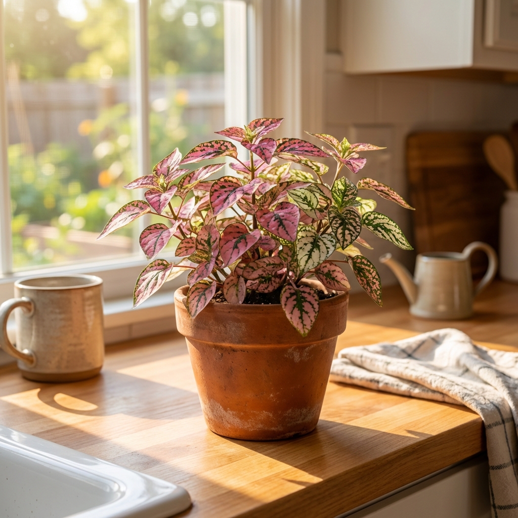 A pink polka dot plant in a small pot on a bright kitchen counter