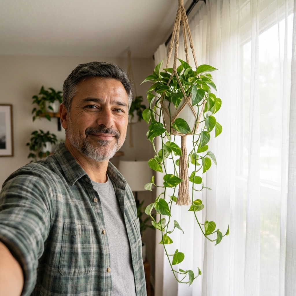 A pothos vine hanging in a macrame hanger a few feet away from a window with a sheer curtain