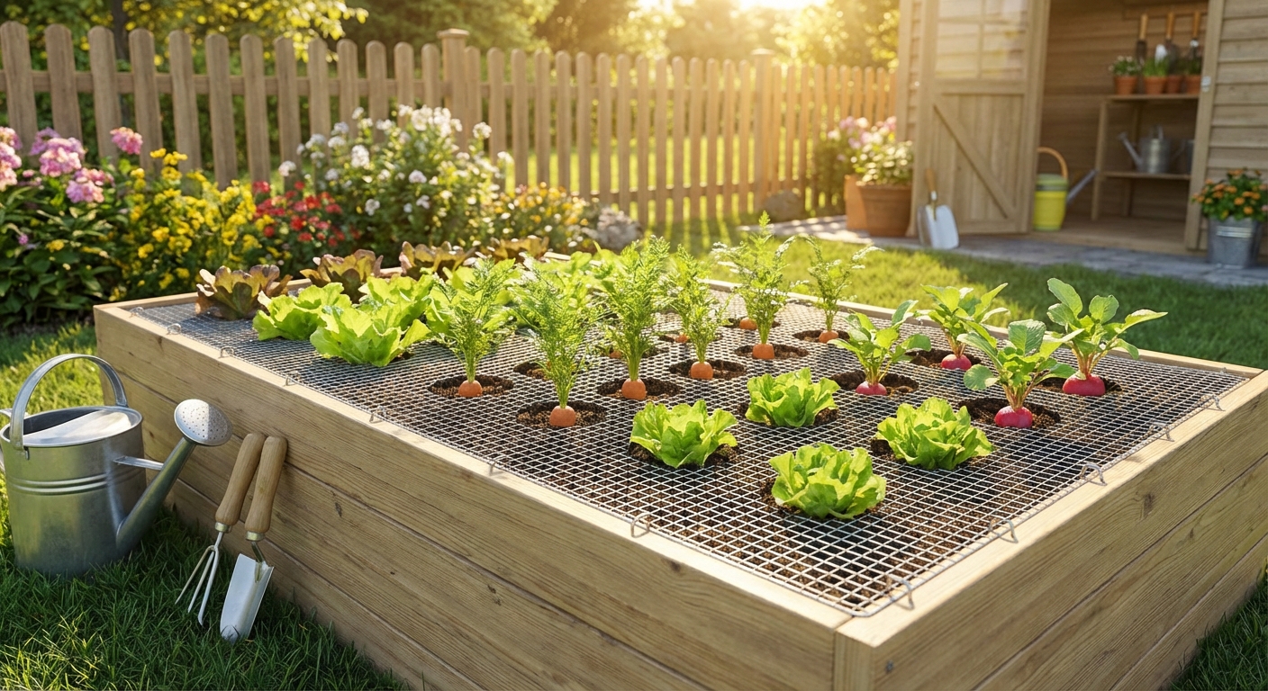 A raised vegetable bed with a flat sheet of wire mesh pinned over the soil, young plants growing through cut openings, sunny backyard garden scene