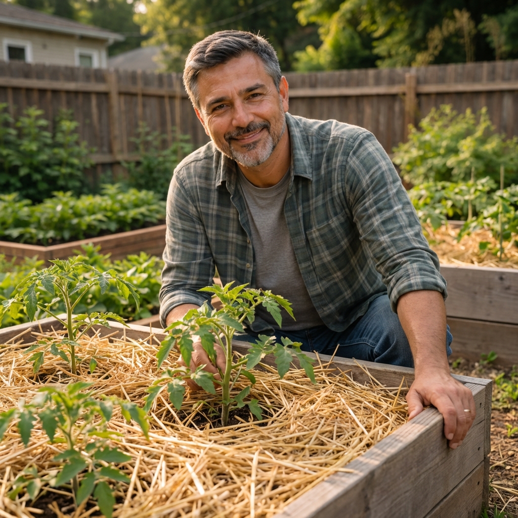 A raised vegetable bed with straw mulch around young tomato plants