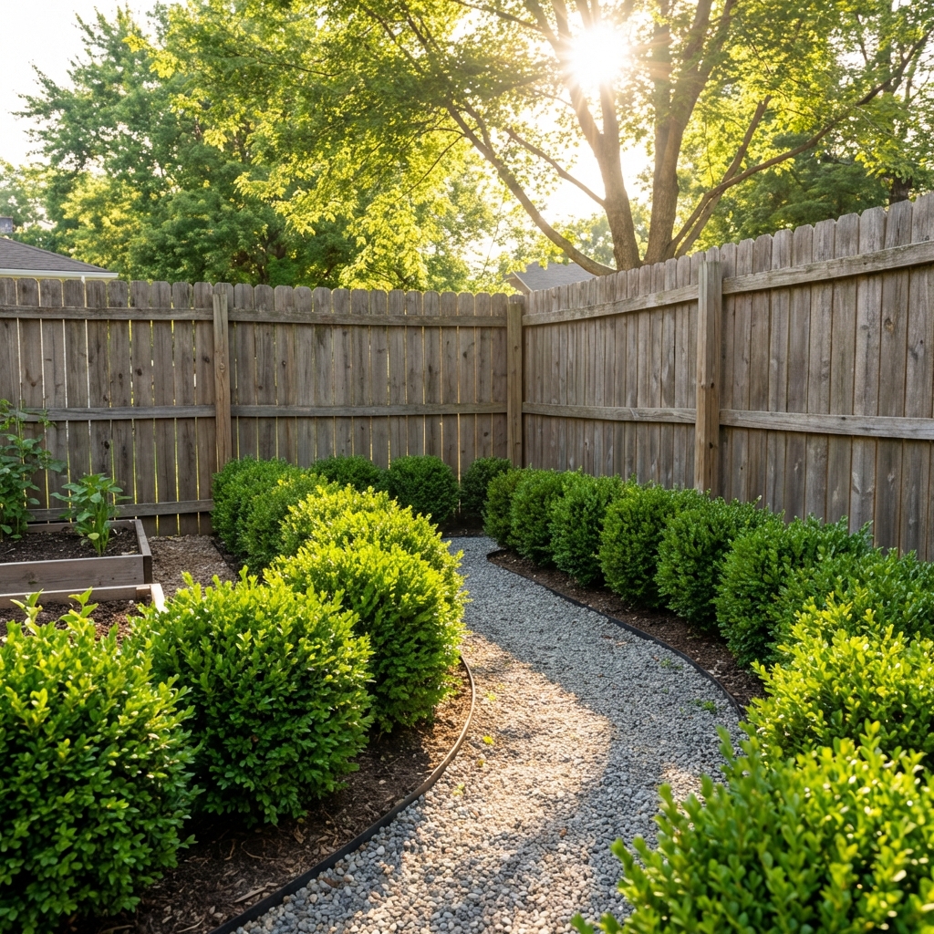 A real backyard corner with trimmed shrubs and a clear pathway allowing more sunlight and airflow