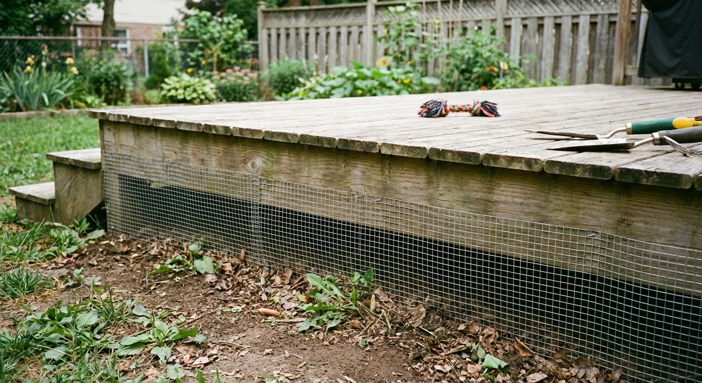 A real backyard deck with hardware cloth installed along the bottom edge to block animal access