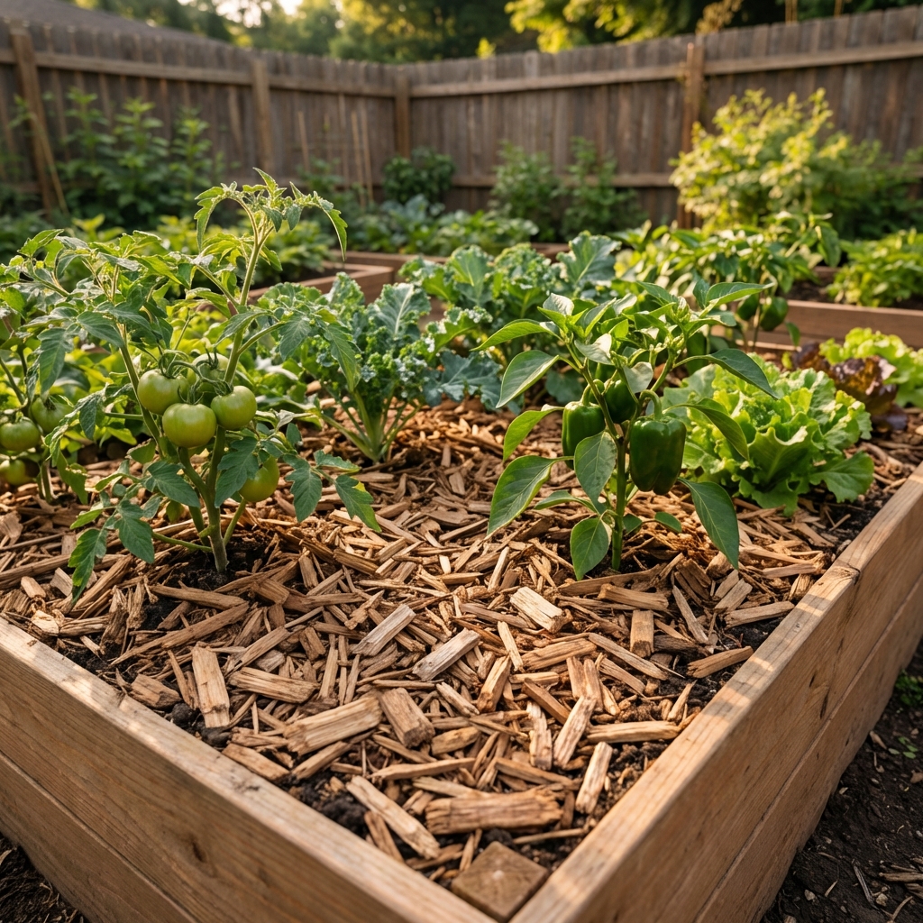 A real backyard garden bed with a thick layer of wood chip mulch around vegetable plants