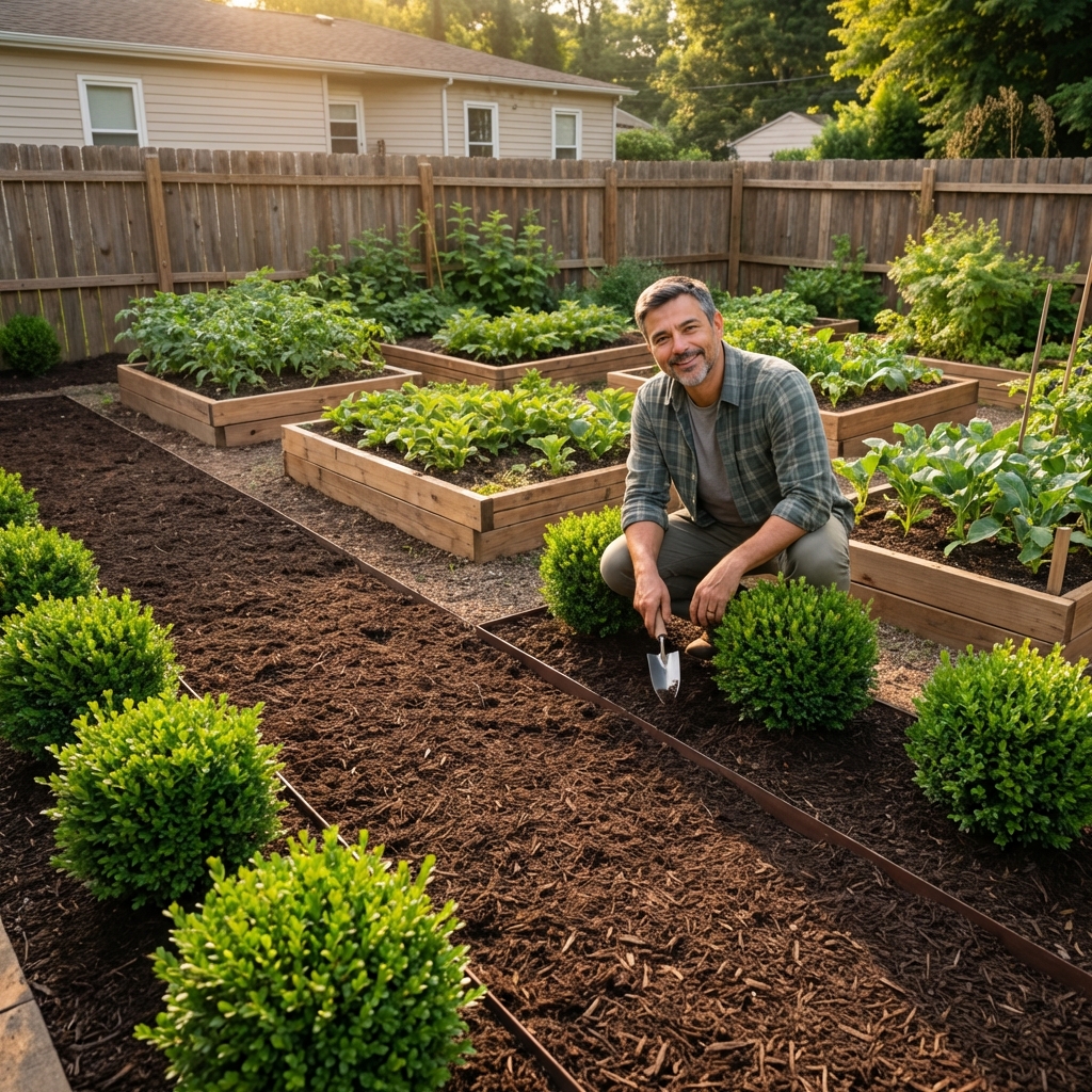 A real backyard garden edge with trimmed shrubs and a clear mulch path leading to raised beds