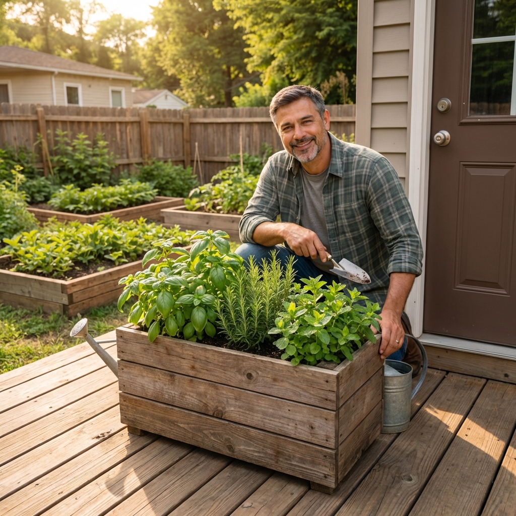 A real backyard herb container with basil, rosemary, and mint growing on a sunny porch near a door