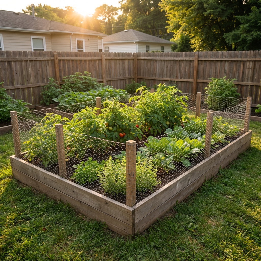 A real backyard vegetable bed protected by a low wire fence with green plants growing inside