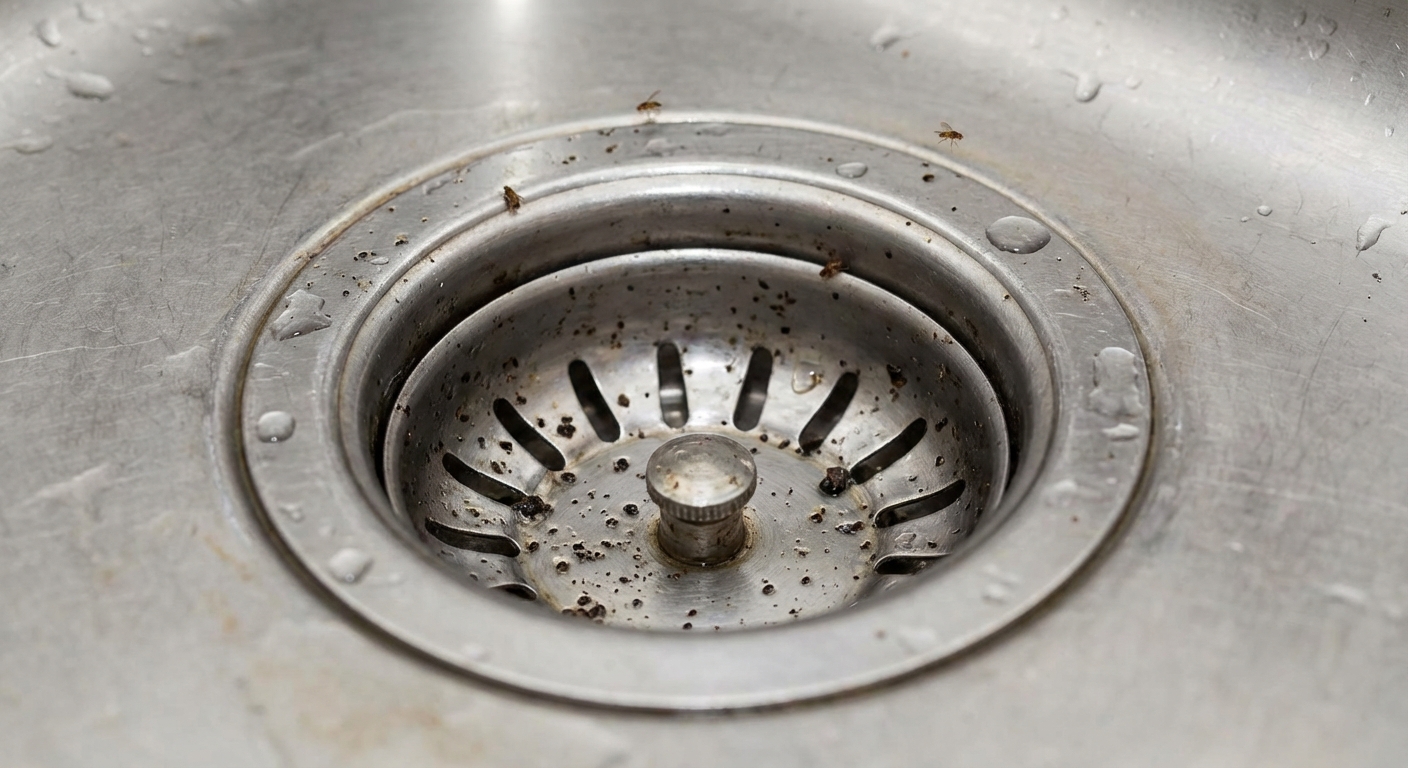 A real close-up photo of a kitchen sink drain with moisture and residue around the opening where fruit flies can breed