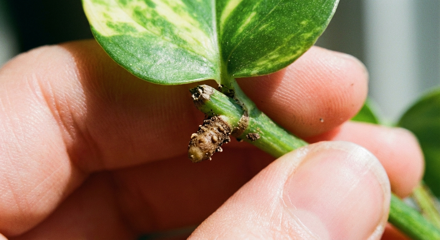 A real close-up photo of a pothos vine held between fingers, showing the node at the base of a leaf with a small brown aerial root nub visible, sharp focus and natural light