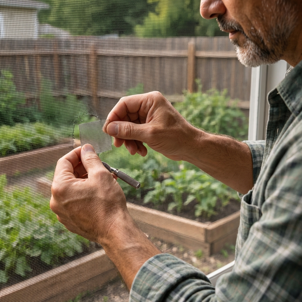 A real close-up photo of a window screen being repaired with a small patch