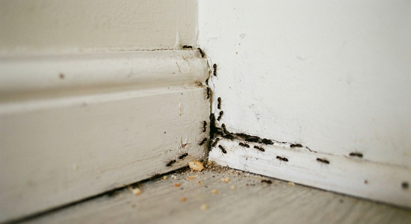 A real close-up photo of ants entering through a small crack along a baseboard in a home