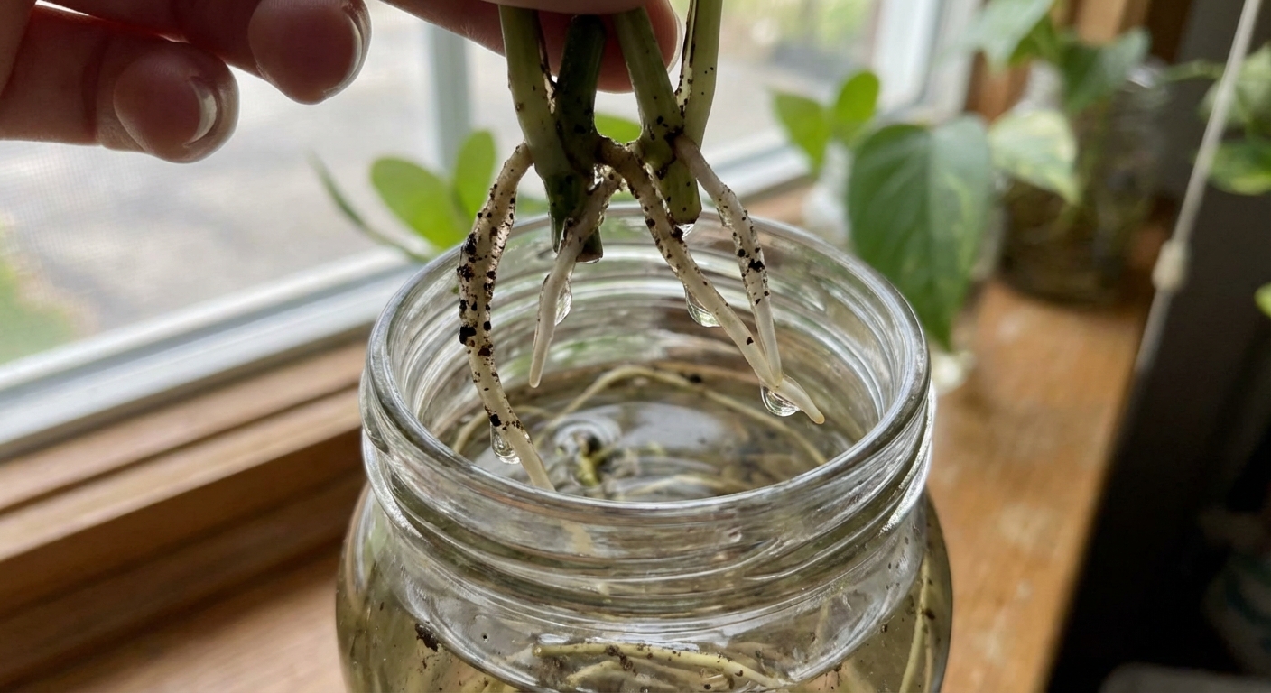 A real close-up photo of pothos cuttings lifted slightly from a glass jar, showing multiple healthy white roots about three inches long dripping water, with soft indoor daylight