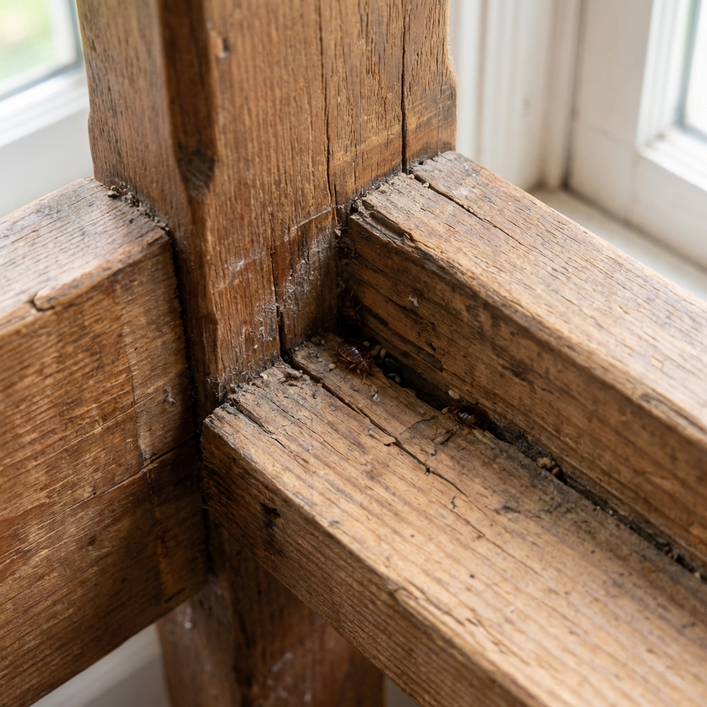 A real close-up photograph of a wooden bed frame corner where the joint has small crevices that could hide insects
