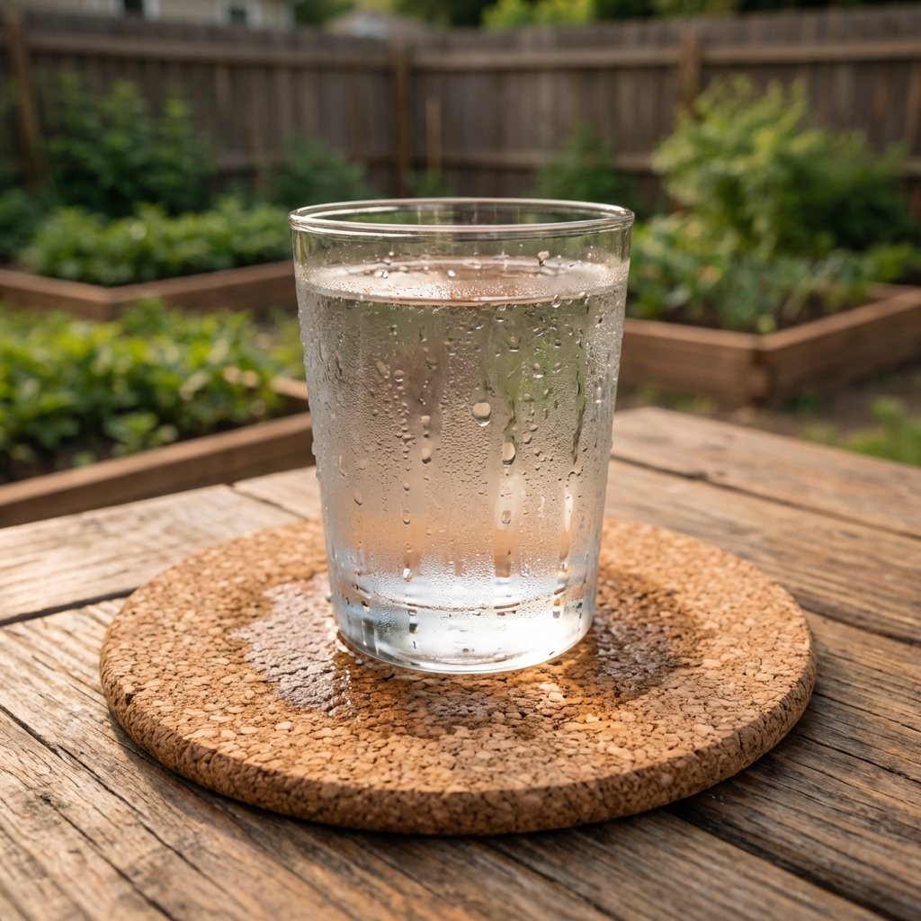 A real cork coaster under a cold glass with visible condensation on a wooden tabletop