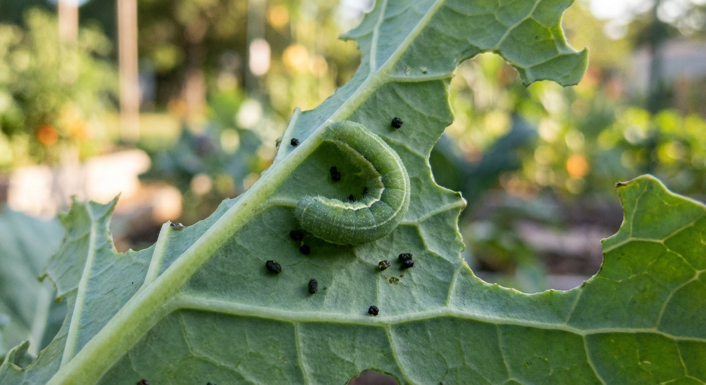 A real-life close-up photo of a small green cabbage worm on the underside of a kale leaf, with tiny black droppings nearby and the garden softly blurred in the background